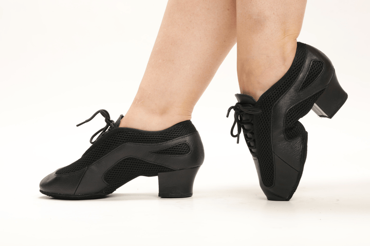 Women Black Leather and mesh training dance shoes 