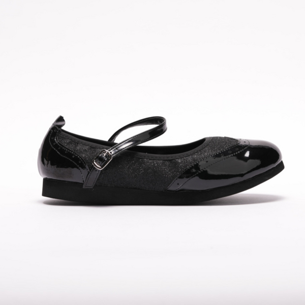 7820BG - Ladies, Classic, Mary Jane, Wingtip in Black Glitter Leather with Black Patent Accents