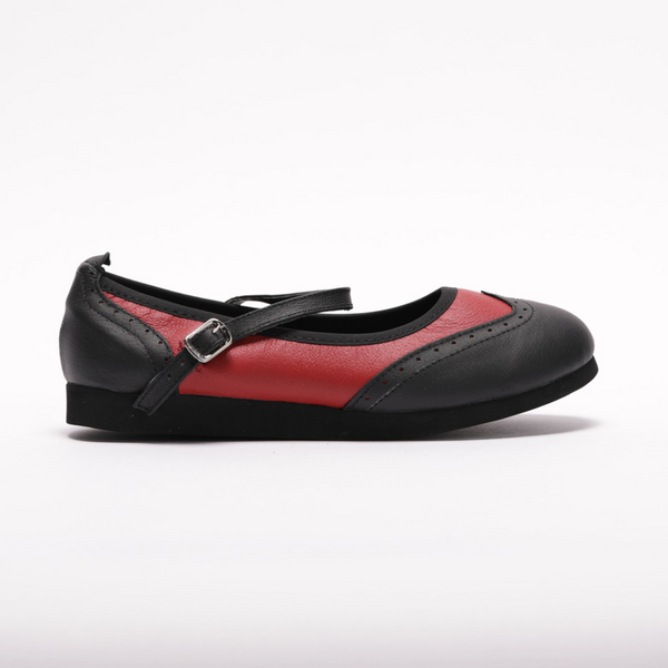 7820BR - Ladies, Classic, Mary Jane, Wingtip in Black And Red Leather, Dance Shoe