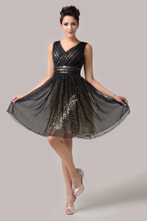 CL6156 - Ladies Short Black and Gold Formal Dress