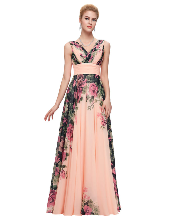CL7502 - Ladies Long Formal Wear in Floral Peach