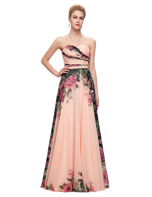 CL7503 - Ladies Long Strapless Formal Wear in Floral Peach