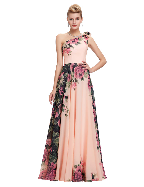 CL7504 - Ladies Long One Shoulder Floral and Peach Formal Dress Wear
