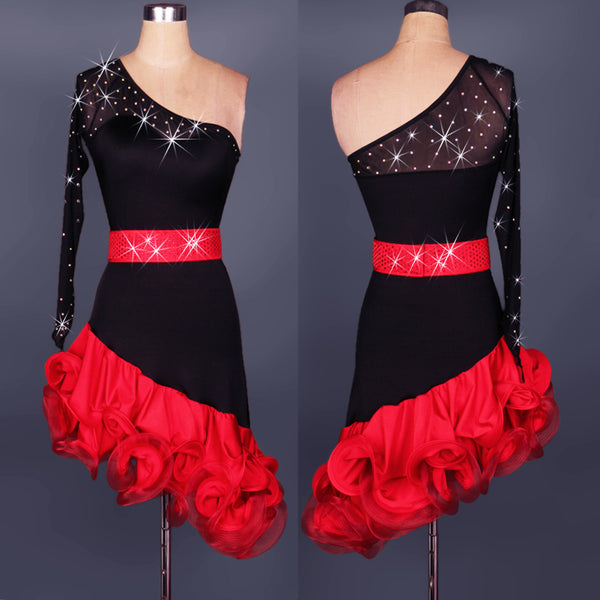 L028 - Ladies Latin Dance Dress in Black and Red with Rhinestones