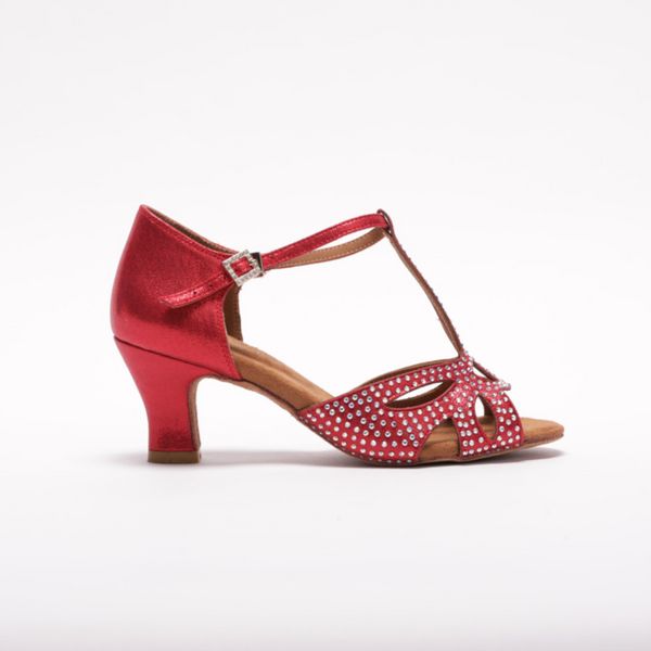 S203R - Ladies,Classic, Peep Toe, T-Bar, 2.25 Inch Spanish Heel, Dance Shoe in Shimmer Red Satin with Silver Rhinestone detailing.